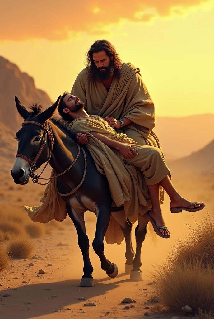 A Samaritan man helping, carrying an unconscious, injured, bleeding Jew, taking him on his donkey.