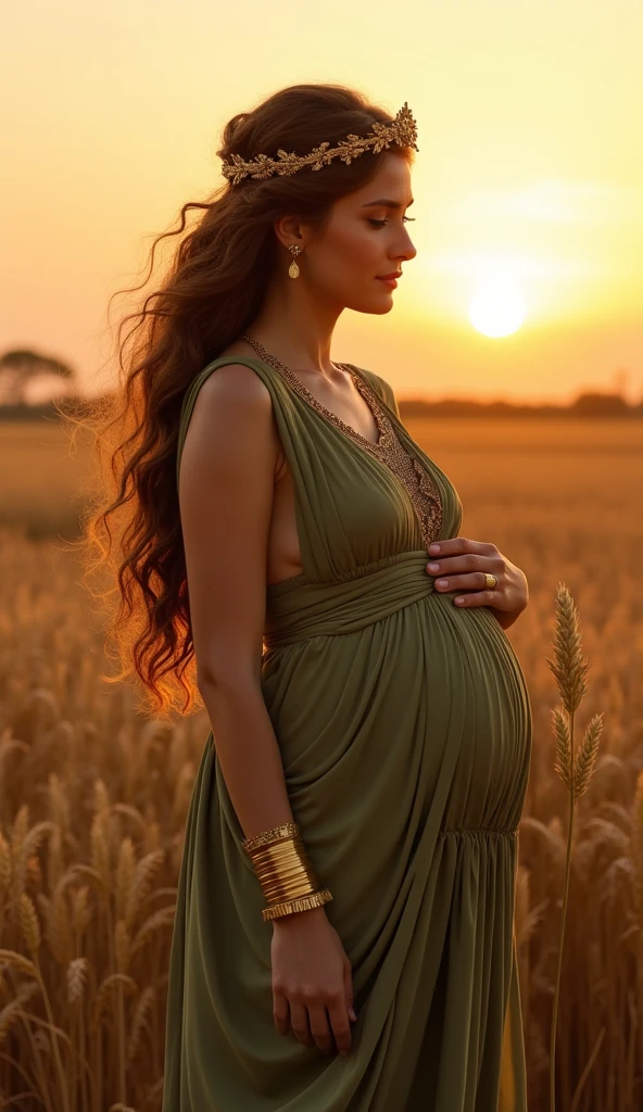 Greek goddess, more full-figured, Voluminous breasts with a greenish tunic with gold threads., very wide gold bracelet, modern gold tiara on head, pregnant with fair skin and long wavy light brown hair reminiscent of the figure of the goddess DEMETER, holding a sheaf of wheat, In the background, a wheat field at sunset, convey depth, The goddess is fully connected to her womb and her baby