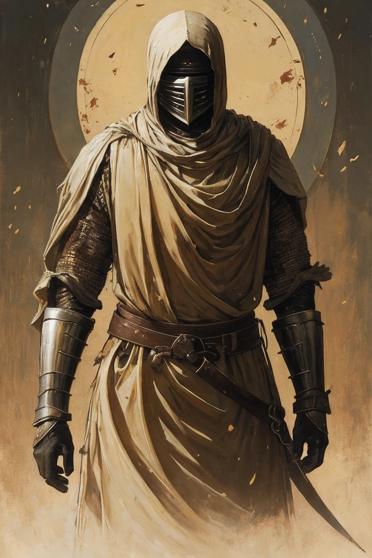 a painting of a cowering woman, gaunt, late 20s, arms wrapped in yellowing bandages, skin hidden behind dirty knight armor, bandages covered in dried blood and puss, disgusting, defiant fleeting eyes, in pain, old bandages wrapped tightly, mended armor plates over torso, mended knight, short ratty hair covering face, dirty face and clothes, sneering, face is visible, head is visible, short matted hair around head, nothing covering scalp, mended plate chest armor