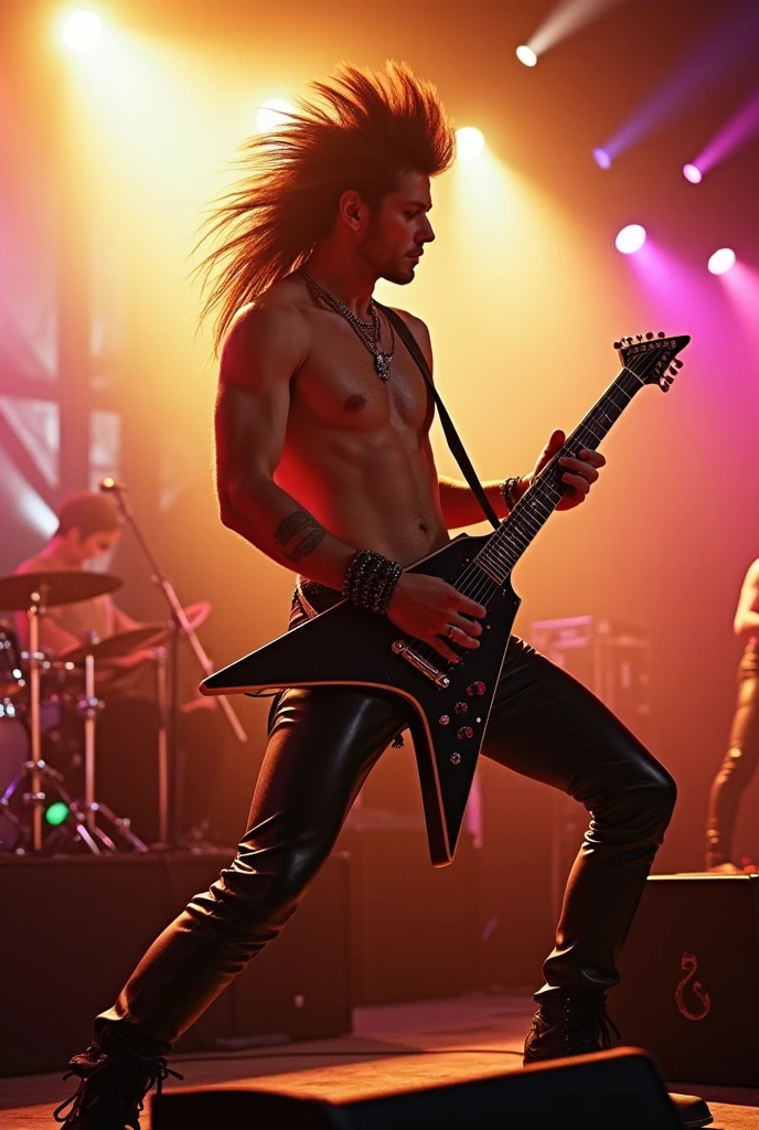 guitarist. 80’s. Muletts. Hair Metal. Glam metal. defined abs. Show ao vivo. late afternoon. attractive face. sultry gaze. 