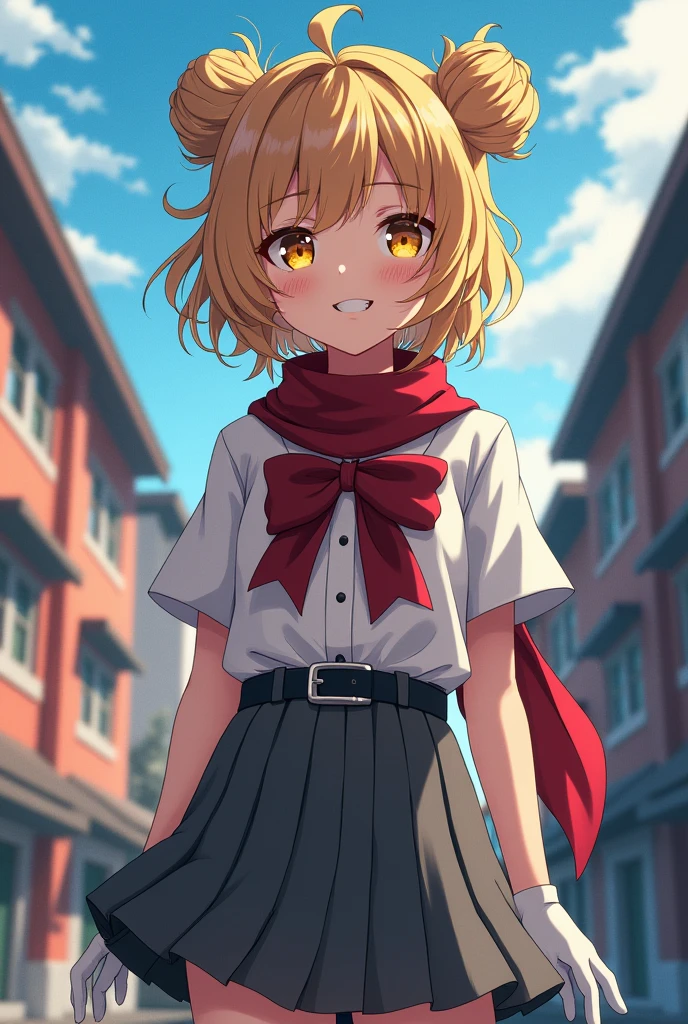 Toga Himiko is a light-skinned woman, very prone to blushing, and is often described as having a pretty face. It has eyes slanted slightly inwards, bright yellow irises and thin pupils, which makes them look a bit like those of a cat, and its wide mouth, which is also quite feline, since its upper and lower canines are pointier and longer than the rest of his teeth. Her hair is pale ash blonde and styled in two messy buns with numerous strands sticking out at all angles from their centers and where they are wispy, she wears straight bangs and two chin-length side bangs to frame her face. Toga Himiko's clothing is one of the most prominent features of her appearance. As a student at U.A. Academy, you wear the school uniform, which consists of: - A white blouse with a high collar and long sleeves, with a dark red bow on the neck. - A dark gray pleated skirt that reaches to the knees. - A pair of white stockings that cover your legs. - A pair of black low-heeled shoes with a flower-shaped buckle. However, Toga often customizes her uniform with some details that reflect her personality and style: - He wears a dark red belt with a flower-shaped buckle that matches the one on his shoes. - He has a dark red scarf tied around his neck, with the ends hanging haphazardly. - He often wears a pair of white gloves that cover his hands and wrists. In general, Toga's clothing is a mix of elegance and wildness, reflecting her complex and contradictory personality.