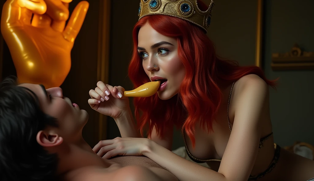 A woman with red hair, wearing a crown, is sitting on a man's lap. She is licking a penis with her tongue, while the man with the penis is off-camera. The scene is set in a dark room, with a focus on the woman's face, and the background has a giant amber statue's hand and arm. The camera angle is a close-up, capturing the intimate moment. The ISO is set to 1600, and the aperture is f/2.8, creating a slightly blurred background.