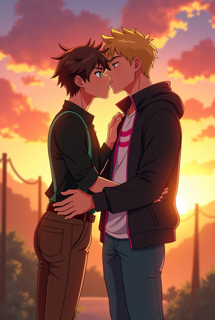 

Jesse and Lukas, sitting at sunset, They kiss in an anime style scene that shows their love. Lukas, blonde and aqua eyes, holds Jesse by the waist. Jesse, brown hair and green eyes, He runs his hands over Lukas&#39;s shoulders. Jesse wears a black shirt with green suspenders, brown pants and brown boots, while Lukas is wearing a black jacket, a white shirt with fuchsia stripes, jeans and black boots.