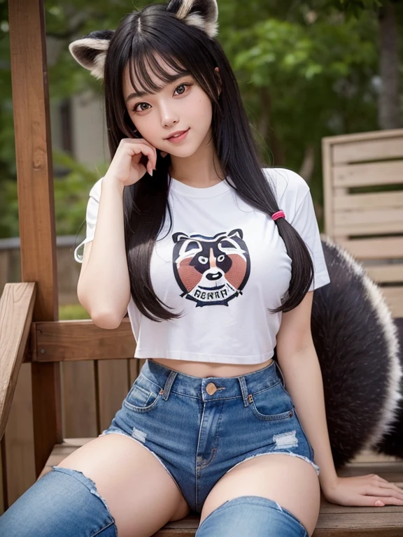 ((Highest quality, 8k)), ((masterpiece)), (Highest Resolution), Perfect Face, Raccoon-eared woman, Female college student, Beautiful woman, Outdoor, One tail, she has thick thighs, Big raccoon tail, She has a brown raccoon tail, She wags her tail, Laugh with your teeth showing, Fur collar, She is wearing a shirt and jeans., Beautiful Hips , The raccoon tail sticks out of her panty, Big Breasts