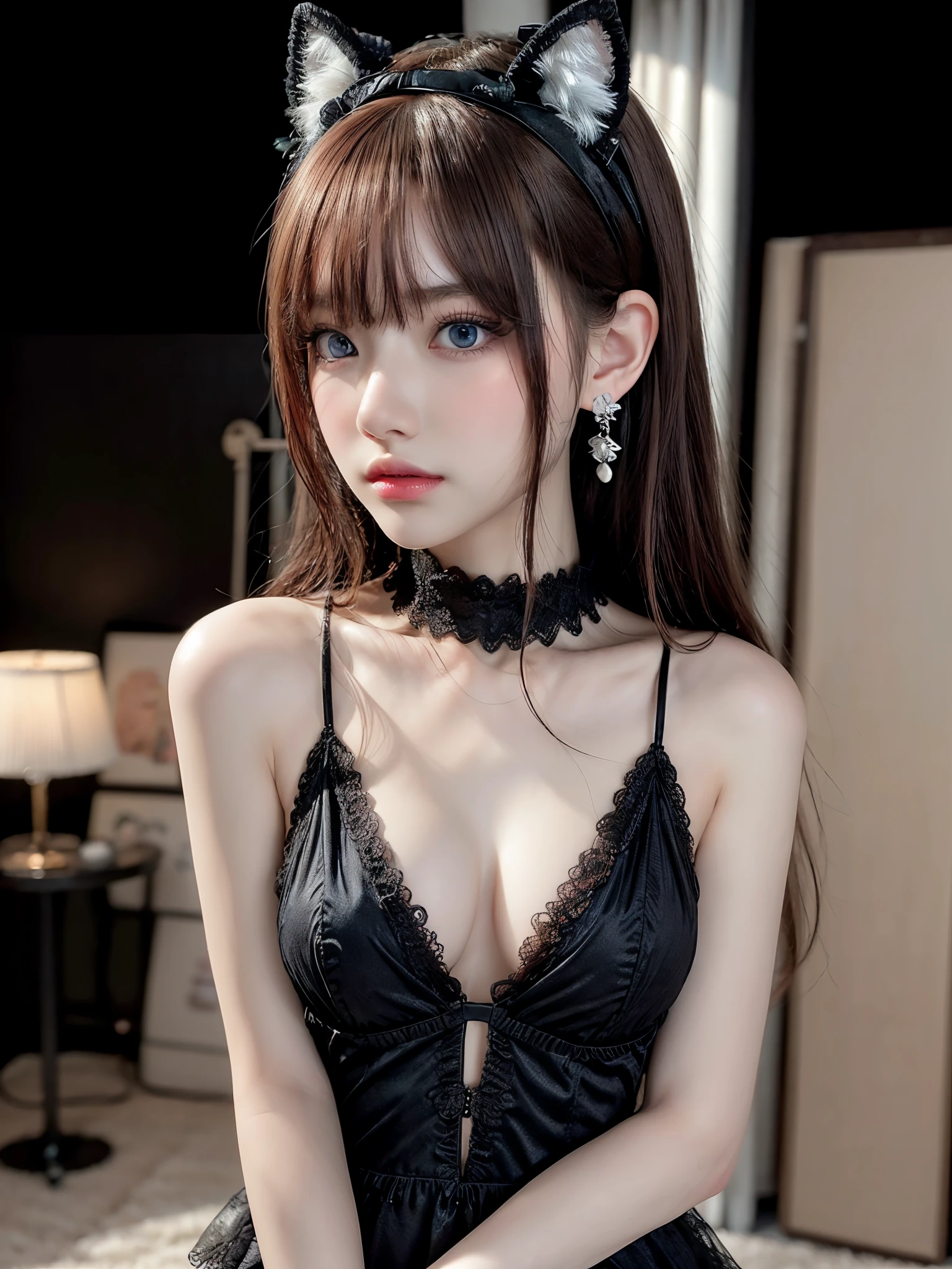 Ultra-High resolution, Clear Face, (reality: 1.4), Perfect lighting,(Realistic), Anime Wallpaper, Guviz style artwork, Fantasy with magic cover, 美しいアートワークのAn illustration, Beautiful digital art, 美しいデジタルAn illustration , Beautiful portrait, An illustration, Delicate and beautiful, Very detailed, The finer details, Official Art, Very detailed unity 8k CG wallpapers, Very detailed, High resolution, Very detailed, Very detailed eyes and faces, Beautiful and detailed eyes, Cinema Lighting,One person, alone, Pink Hair, hair ornaments, Animal ears, Jewelry Earrings, blue eyes, Black Dress, Standing upper body, indoor, Simple black background,