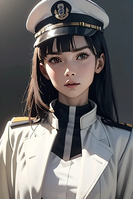 Highest quality High resolution Simple White military uniform with a stand-up collar army officers military cap class seal white open coat Baggy Long bangs Adult female Casual expression cute Strong posture Dynamic Lighting ((head to waste:1.8))