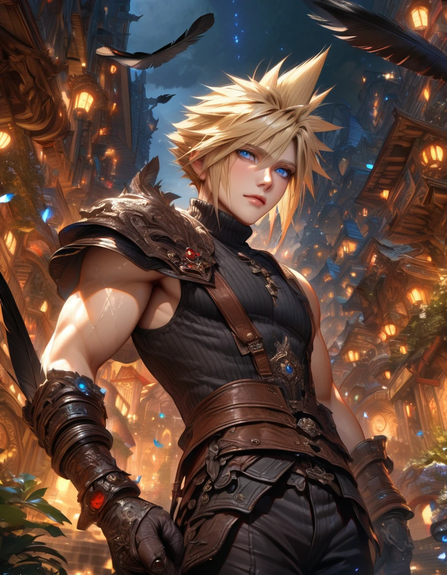 Ultra detailed, highres, absurdres, HDR, master piece, Cloud Strife, blonde hair, expressive blue eyes, black clothes, Final Fantasy VII Remake, petals, fireflies, sexy man, solo, handsome, very detailed face and eyes, best quality, fantasy, magical, realistic face, fantasy city, black feathers, feathers, sensual, black pants