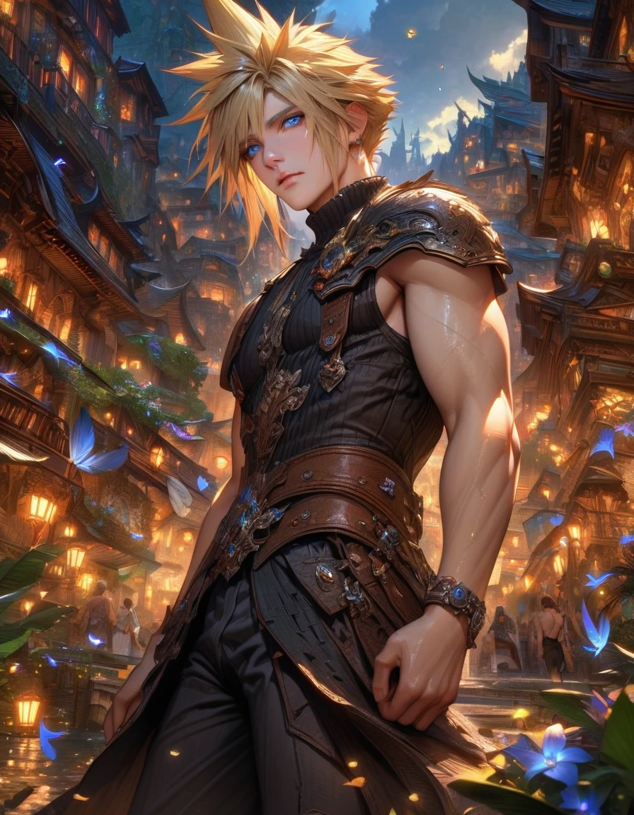 Ultra detailed, highres, absurdres, HDR, master piece, Cloud Strife, blonde hair, expressive blue eyes, black clothes, Final Fantasy VII Remake, petals, fireflies, sexy man, solo, handsome, very detailed face and eyes, best quality, fantasy, magical, realistic face, fantasy city, black feathers, feathers, sensual, black pants