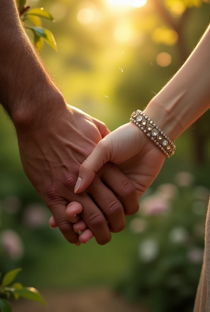 Two hands holding each other, a veiny male hand, and the other feminine hand with a bracelet