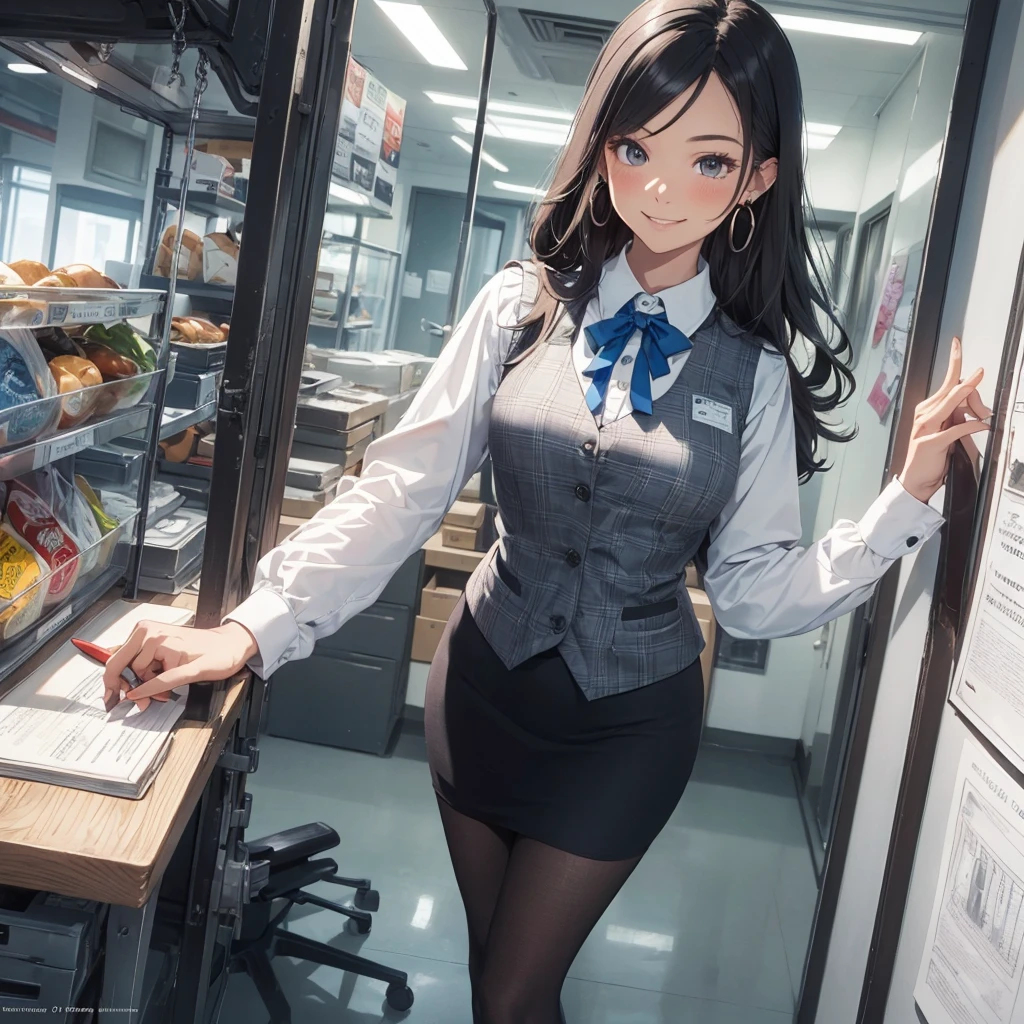 (Best Quality, Masterpiece),Wearing a pink plaid vest, White short sleeved shirt, Gray pencil skirt, Wear stiletto heels, Necklace, earrings, Cute face, Smile, Blushing, Shyness, Glass wall, Ultra Detail, Realistic, Front view, Whole body, stunning, cute, warm smile, hourglass figure, apron, text, chart, advertising, magazine title(Best Quality, Masterpiece), Mag((((1ladyl,)))) (masterpiece), (realistic), (best quality), (ultra-detailed), (wearing in [[white and gray check pattern]] Vest worn over white collared long-sleeved shirt:1.4), (gray vest with buttons:1.2), (Pink Theme:1.2), (blue ribbon ribbon:1.3), (Black theme:1.4), (Tight black pencil skirt:1.5), ((Brown pantyhose)), (high-heels:1.1),longskirt,office desk, office chair,Lulubre Unity 8K Wallpaper, pantyshot, long brown hair, office lady Magazine Cover, 1girl,  amazing, girl, 30 years old, house wiife, warm smile, hourglass figure, text, chart, advertising, 