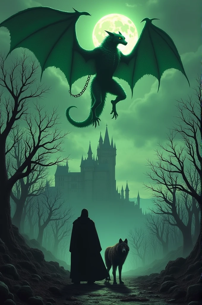 A chained green demon flying over dry trees with an owl in the background, Dracula's castle and a monk with a large wolf.