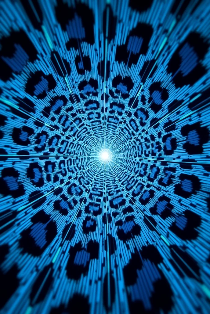 Vector art: 5 point perspective like a fish eye, larger prints on the center becoming smaller outwards of jaguar skin prints, whole page only jaguar prints,  blue and neon blue Colors, motion effect