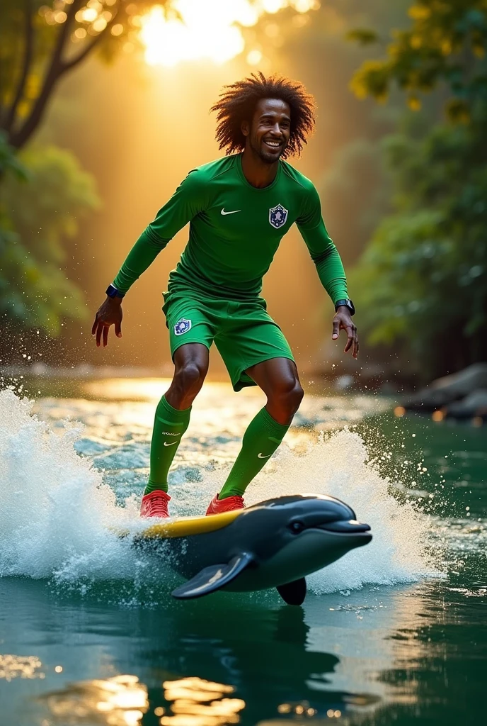 Ronaldinho surfing in a river on top of a dolphin wearing a green suit