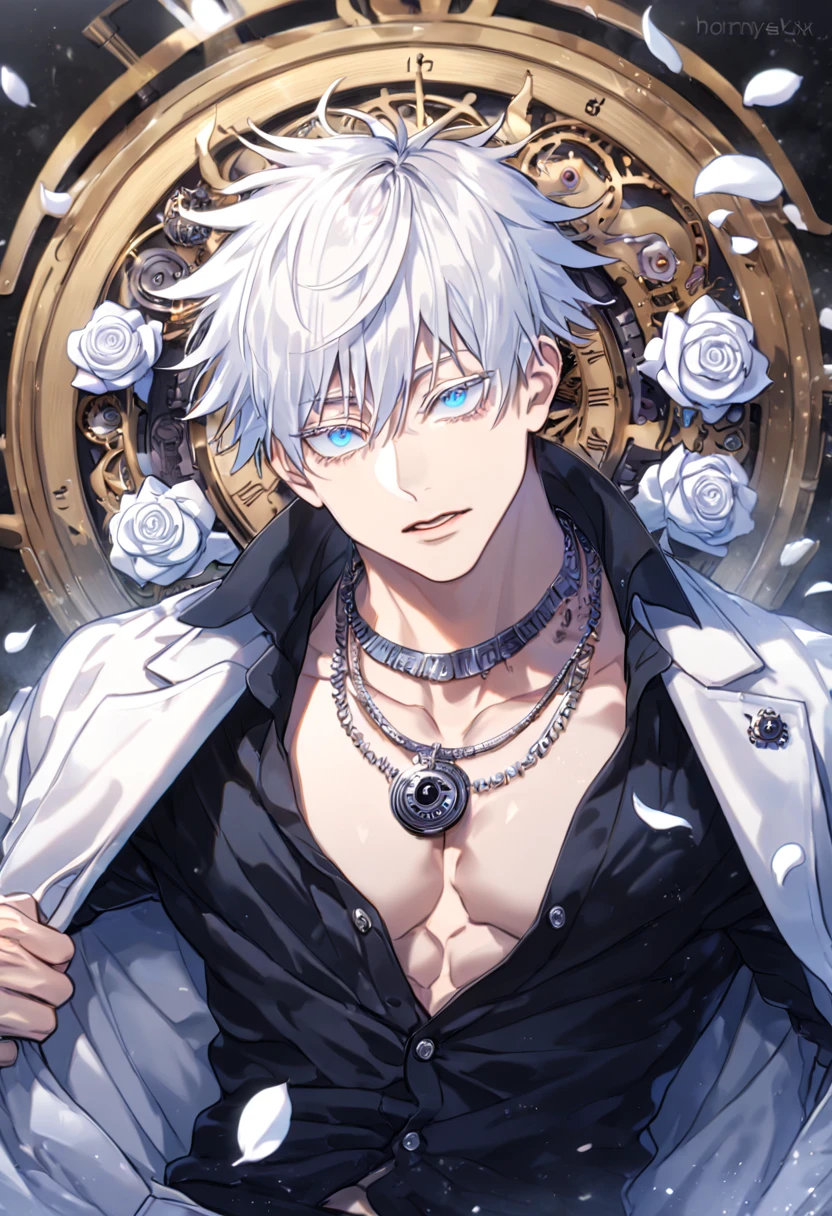 absurdres, highres, ultra detailed, HDR, master piece, best quality, AddDetailedEyes_XL, extremely detailed, Gojou Satoru, white hair, expressive blue eyes, white eyelashes, Jujutsu Kaisen, solo, sexy man, handsome, sensual, manly man, horny, white coat, black shirt, unbuttoned, necklace, patterns, white roses, white petals, fantasy, magical, mechanical clock, clock engines