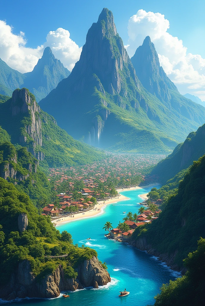 Create an island with 3 mountains, a city of 1000 inhabitants between those mountains and a river crossing the city
