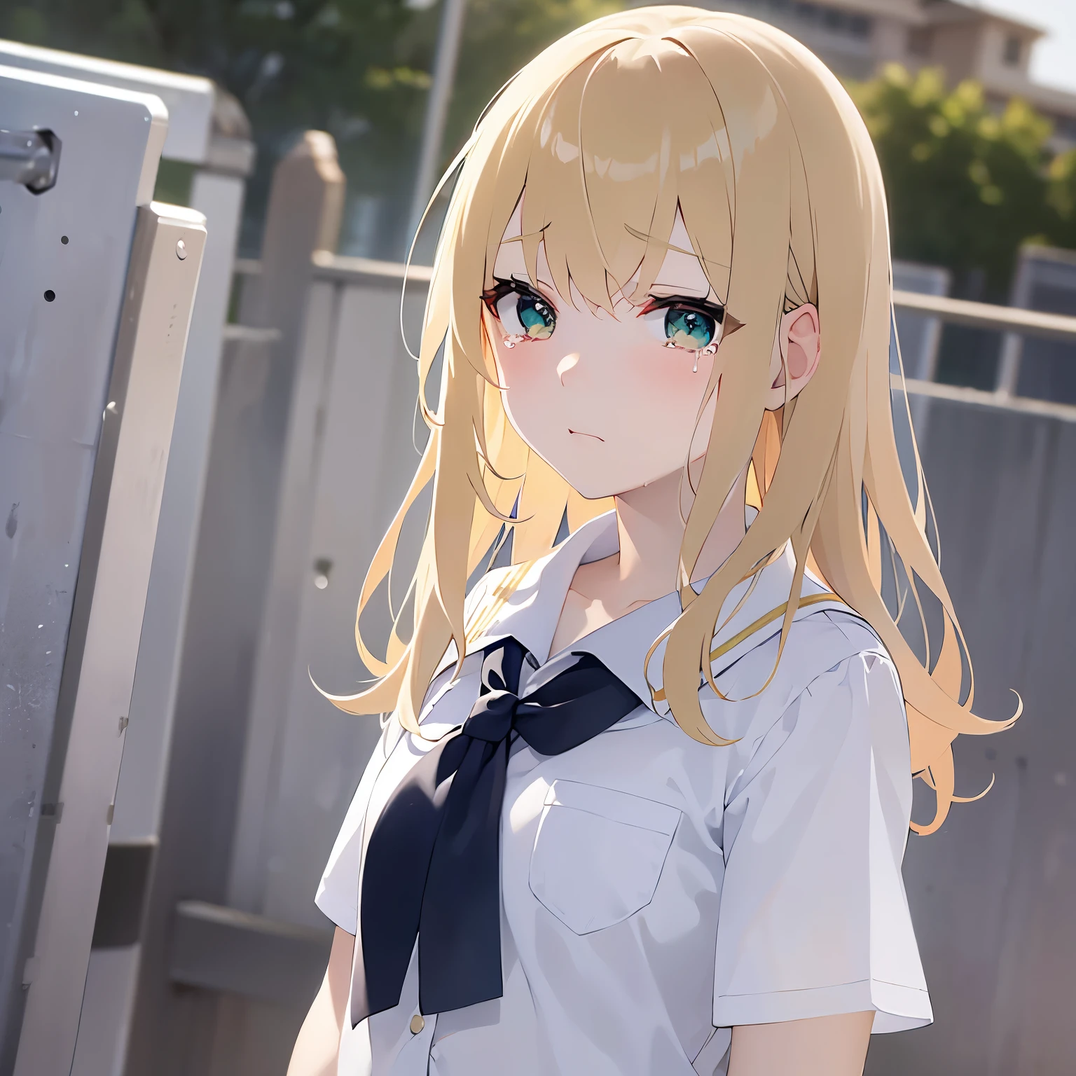 side angle, Upper Body, Realistic, real person, (pale skin: 1.2), RAW photo, photorealistic, shiny skin, shiny hair、 (A 15-year-old female with medium length hair and bangs) and (wavy hair) and (Blonde Hair) and (green eyes), BREAK sailor suit, white collar, white shirts,red ribbon BREAK、 (sad:1.2), (tears:1.1), The background is the school gate、alone