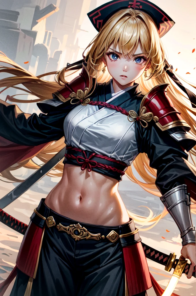 Woman in armor holding a sword, Female Samurai, A woman wearing light armor, Beautiful female warrior, Black Hanfu, black eye, Blonde, Long Hair, Tight waist, Five fingers, Intimidating Appearance, cinematic lighting, close-up, cowboy shot, UHD, retina, masterpiece, accurate, anatomically correct, textured skin, super detail, high details, high quality, award winning, best quality, highres