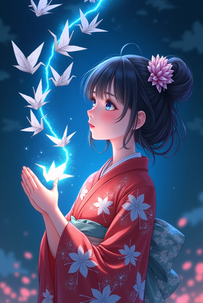 Anime style illustrations,A cute girl in a yukata prays with a thousand paper cranes.The girl is very beautiful with a real skin that makes her look lively, beautiful eyes and beautiful lips,(Girl closes her eyes and prays:1.5),She is wearing a beautiful yukata with a white and red base.The yukata is decorated with a beautiful origami crane pattern.Holding a beautiful thousand paper cranes in one hand,Beautiful holographic effects from paper cranes,A strong, clear blue flash of light illuminates a thousand paper cranes against a fantastical dark background.(A strong blinding flash:1.6),Cowboy Shot,High quality, high precision images, (masterpiece best quality, 4k.8k:1.5).Ultra detail, physically based rendering, cinematic lighting, professionally drawn portraits, professional shooting resolution,