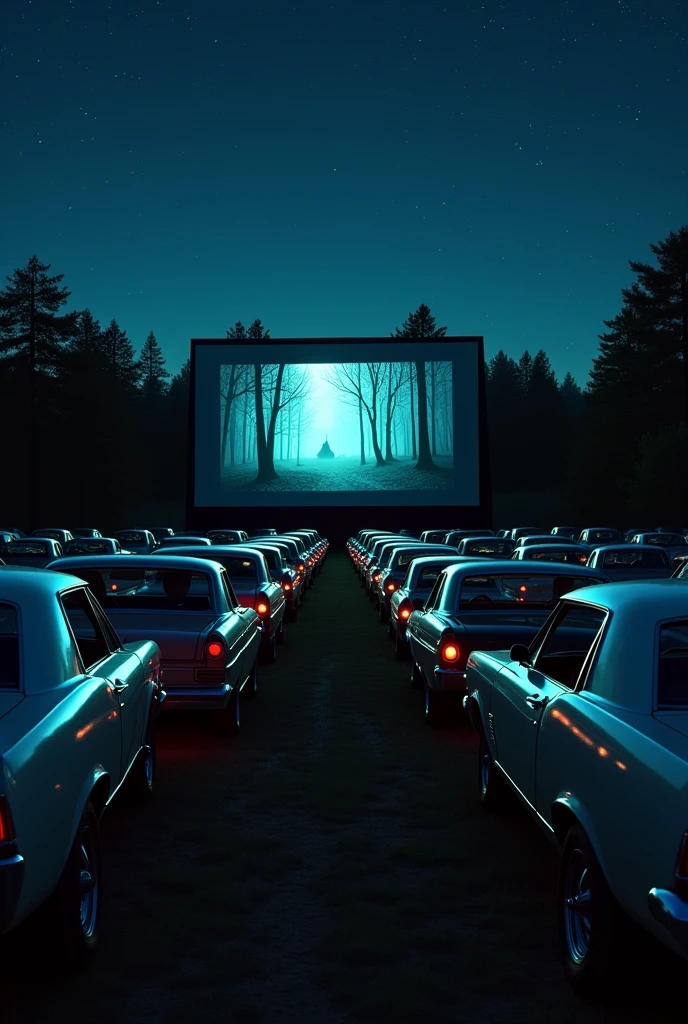 A drive-in movie theater at night, with cars parked in rows. On the outdoor screen, a horror movie is being projected, showing a dark forest and a terrifying-looking creature. The occupants of the cars are nervous, some looking out the windows as if expecting the creature to appear around them.