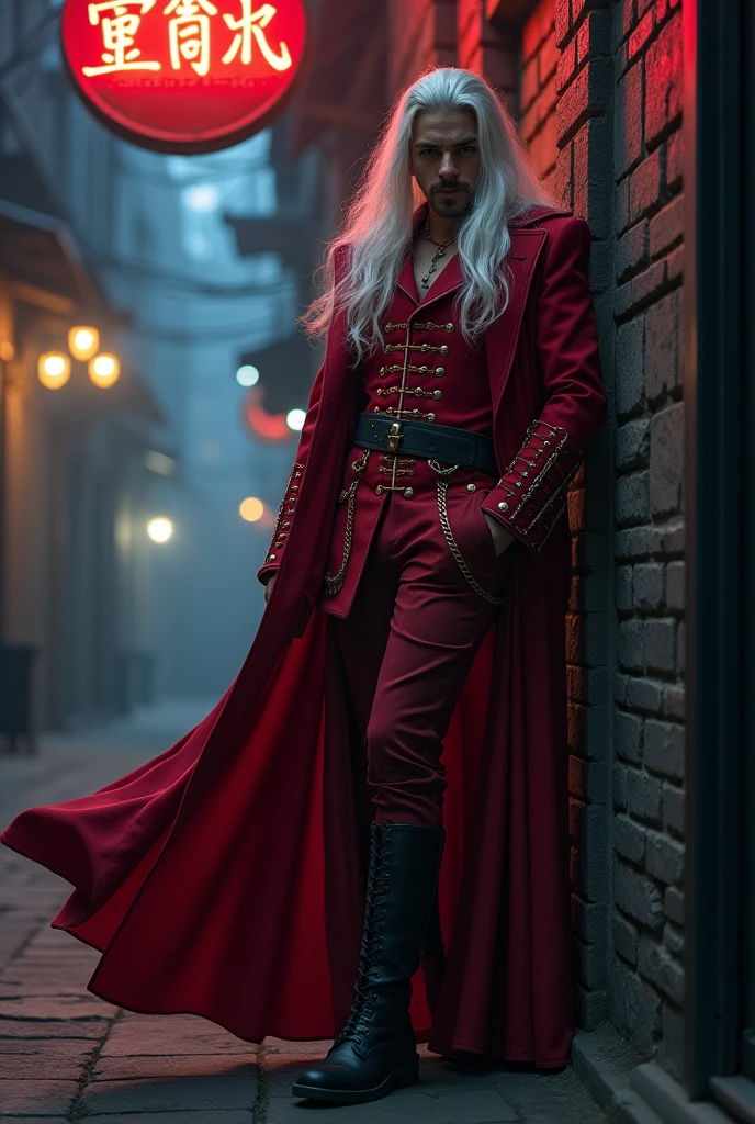 Vladimir from League of Legends as a Dark Fantasy in the 1980s. Leaning on the original skin, with the long white hair. Also consider the pose. Make the outfit really similar to the original skin. With the red vest with buttons and thin chains. The long red coat.
Type 'Vladimir Lrague of Legends' into Google and lean on it..