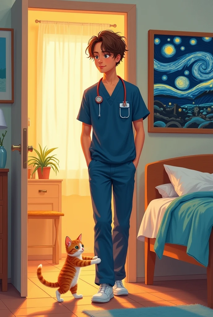 I need you to create a very special painting or illustration, For my best friend, his cat passed away so I want him to come in his room, he studies nursing with a navy blue clinical suit, he has a painting of the starry night stuck on, he is slim, tall and brown hair almost blonde, his kitten always welcomed him, his cat is orange with white, I need it to be cute for a memory and be more lively or in a drawing format