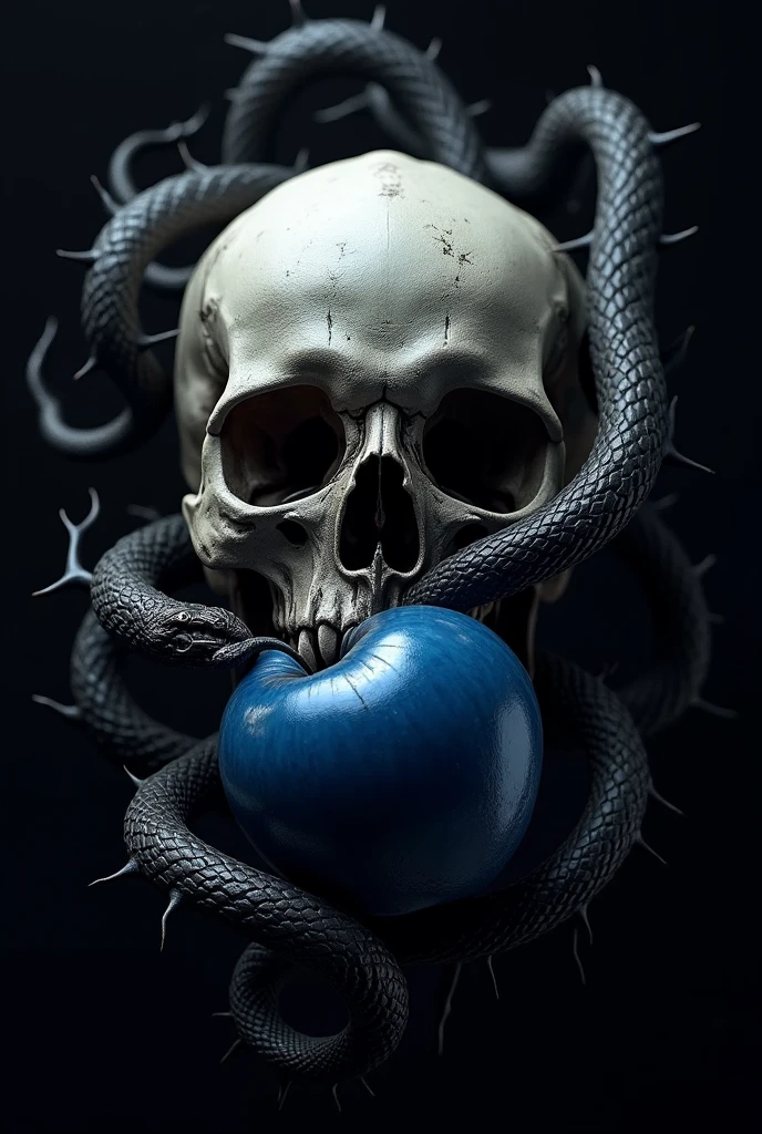 Create a 3D image of a skull biting into a dark blue apple. A black and tenebrous background with various large thorns, intertwined with the skull. And a black snake wrapped around the skull. Many thorns, completely dark.