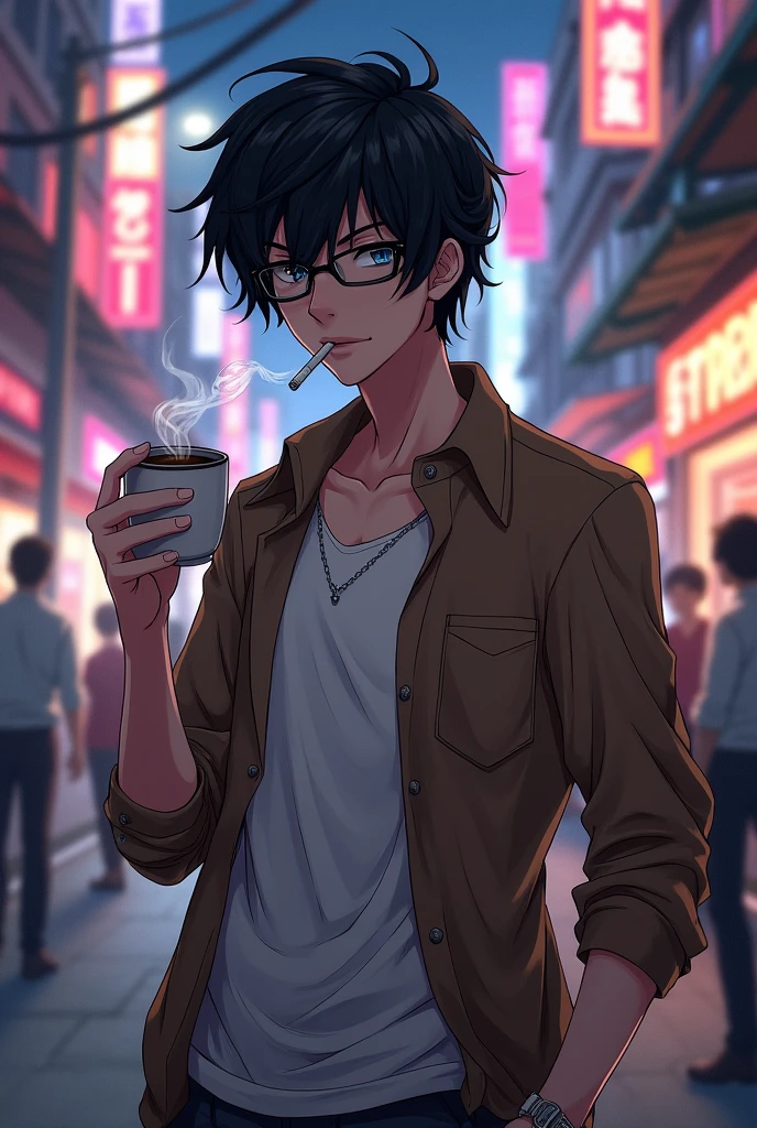 An anime boy with black hair and eyes wearing a white long sleeve and a sleeveless brown shirt, a black glasses on top of his hair with cigarette on his mouth and a coffee on his hand