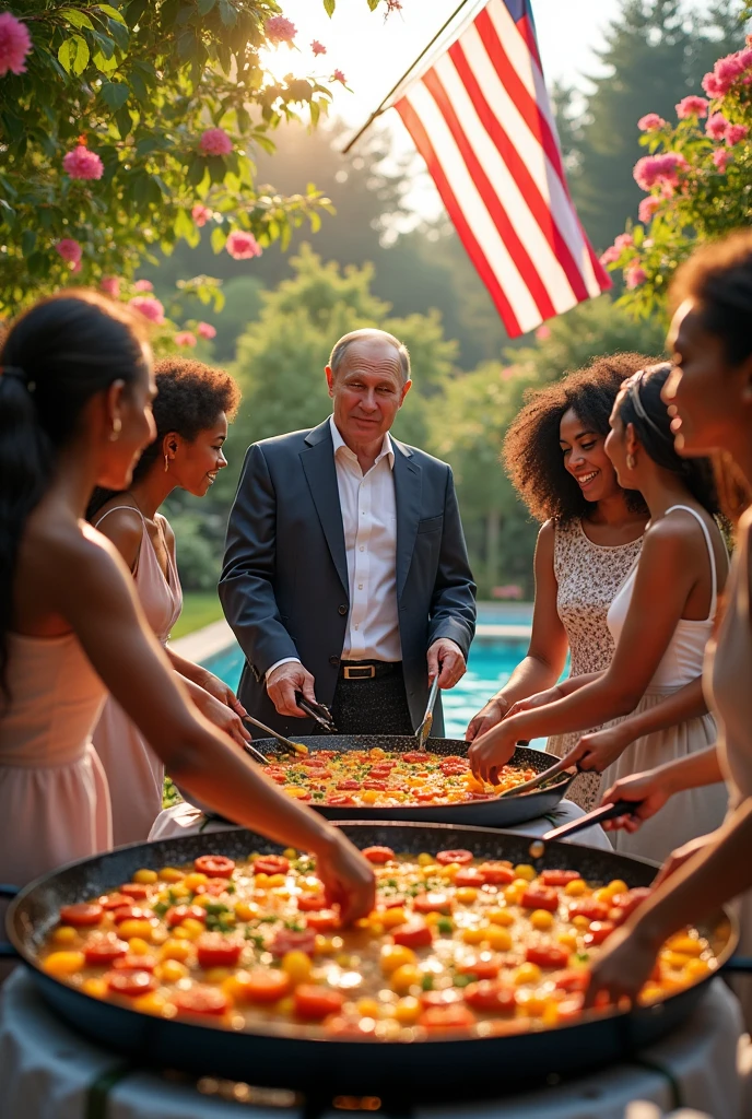Vladimir Putin surrounded by black and white girls cooking big paella in a garden with swimming pool. USA flag is waving in flames on the background. 