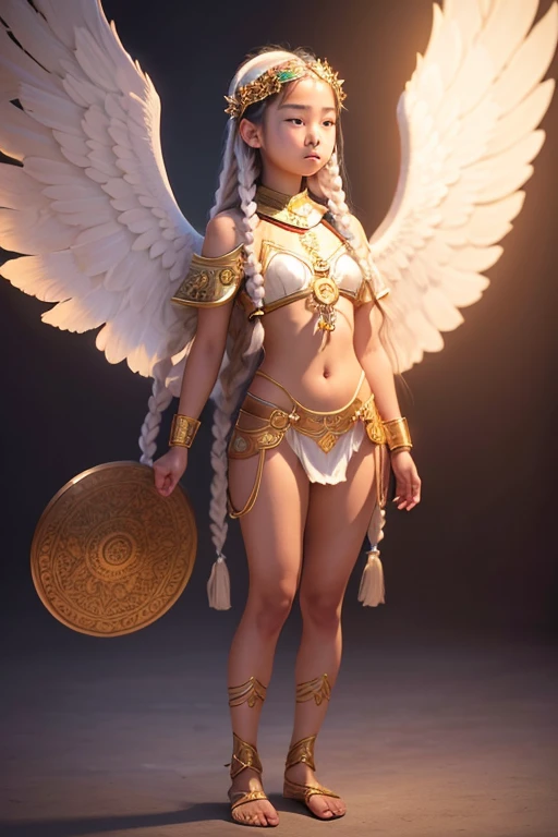 A young 15- yr old native asian girl with lovely charminvg face,( skin texture masterpiece), (perfect full body detailed anatomy), (Super accessories detailed), (meditating ), (perfect detailed glowing bright eyes),(short braided illuminating jade hair),Wearing transparent costume of an angel,holding a treasure septer & shield, illuminating different lights covers the sorrounding atmosphere Has beautiful large white wings, The character solemnly praying