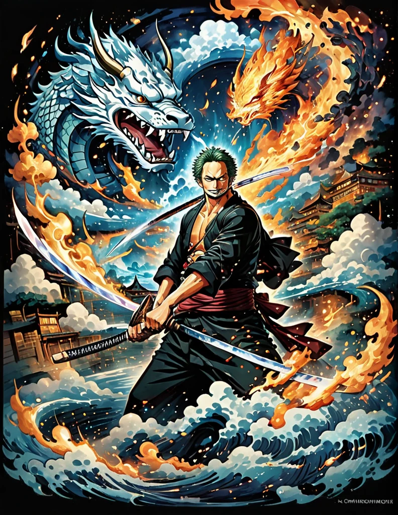 Roronoa Zoro from anime one piece holding two swords and other one in the mouth. Posed. Best angle. Samurai. Particle fire. Dragon circle. A little dark background. Art style of wano arc and modern. symmetrical epic fantasy art, el bosco and dan mumford, inspired by tomasz alen kopera, anton fadeev and dan mumford, painting by dan mumford, symmetrical fantasy landscape, portal to another world, a portal to the lost flame realm