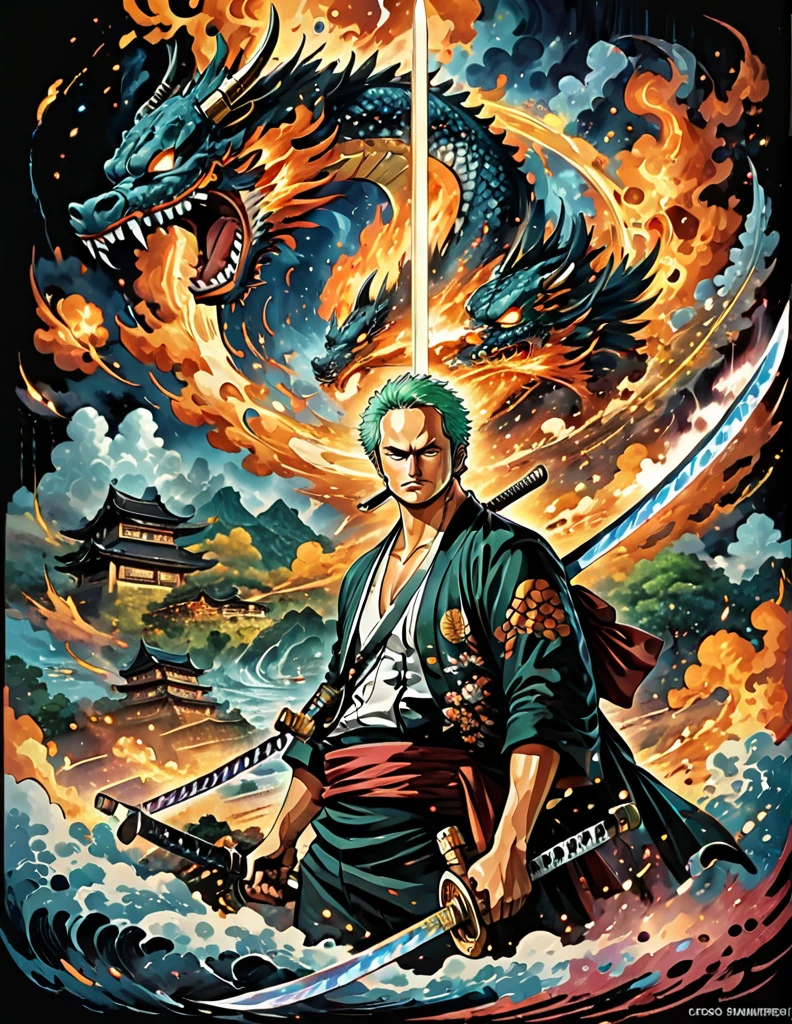 Roronoa Zoro from anime one piece holding two swords and other one in the mouth. Posed. Best angle. Samurai. Particle fire. Dragon circle. A little dark background. Art style of wano arc and modern. symmetrical epic fantasy art, el bosco and dan mumford, inspired by tomasz alen kopera, anton fadeev and dan mumford, painting by dan mumford, symmetrical fantasy landscape, portal to another world, a portal to the lost flame realm