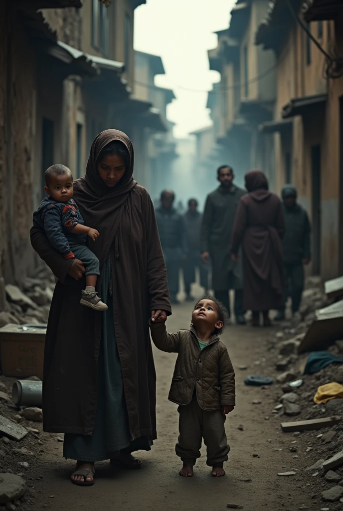 A narrow, crowded street inside a ghetto. Entire families are huddled together, with gaunt and desperate faces. In the middle, a small child tugs at his mother's sleeve, watching her with hungry eyes.