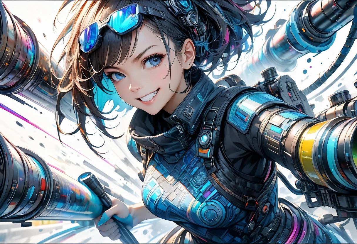 One woman,A hand with a fist raised,Smiling,Angry,Exquisite illustrations in a highly imaginative cyberpunk surrealist art style,Tubes connected to external machines, Stylish watercolor blue pattern on a white background, Brush Blur Effect,( high quality, High precision, 4K, 8k:1.5), Super detailed.Physically Based Rendering,Ultra-fine painting,Cinema Lighting, Sharp focus, Bright colors, Professional shooting resolution,Award-winning