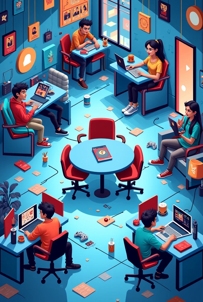 Background on Internet Concept, Use light blue colors with red and black details, message elements between friends, conversas e gaming, many friends talking from afar using conversation bubbles In the same sense, use more graphic elements that refer to the internet Several people in different rooms with different themes (( music, gaming, movies)) middle symbol
Name Rolezin Web