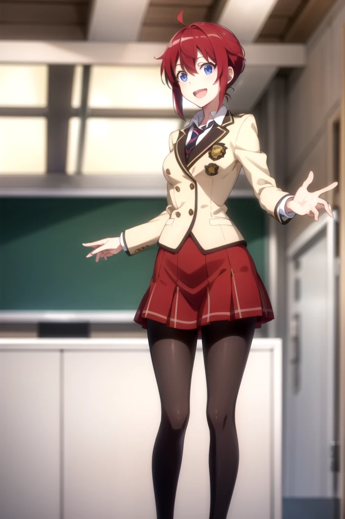 Highest quality, masterpiece, Very detailed,
Aoi Sakurai RW,
Open your mouth, A light smile,
blue eyes, Redhead, short hair, くびれshort hair,
school uniform, blazer, tie, Red Skirt, pantyhose,
Are standing, Looking at the audience,
classroom