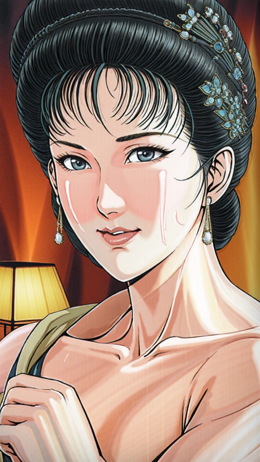 (best quality), (very aesthetic), (ultra-detailed), (best illustration),(a mature female),(perfect face),Suikoden,Mrs. Lin,(((NSFW))),(((full_NUDE))),ahegao,close her mouth,red cheek,sweating,skinny,flushed skin,night、A woman lying in bed next to me in a dimly lit room, Lying on her cheek, Look at me,She is completely naked and wrapped in a blanket.,Upper Body Shot,Looking Camera,traditional Chinese bedroom,