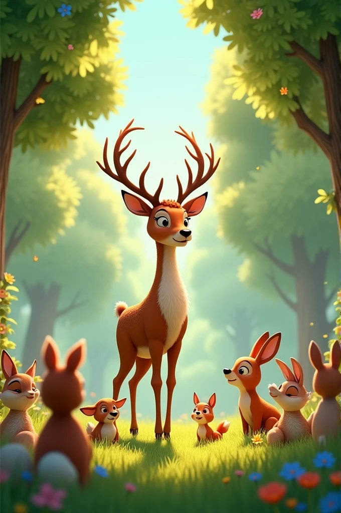 In 3d animation style " The deer teaching younger animals how to keep the forest clean and beautiful.