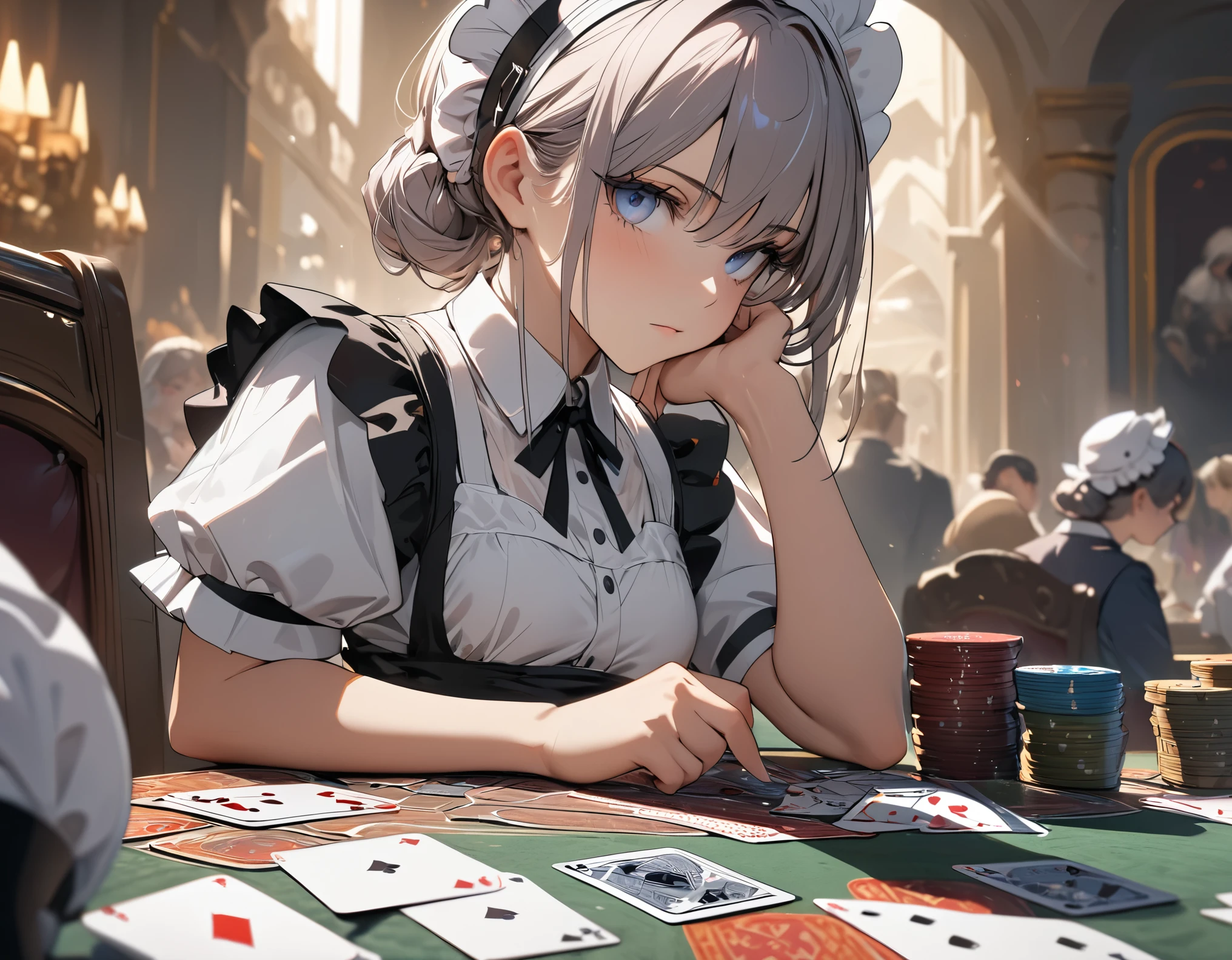 ((best quality)), ((masterpiece)), (detailed), perfect face, ((Best quality, 8k, Masterpiece: 1.3)), Sharp focus, Highly detailed face and skin texture, Detailed eyes, Maid apron, white brim, maid, Playing card games, playing Magic: The Gathering, (Magic: The Gathering), Staring at the card, thinking