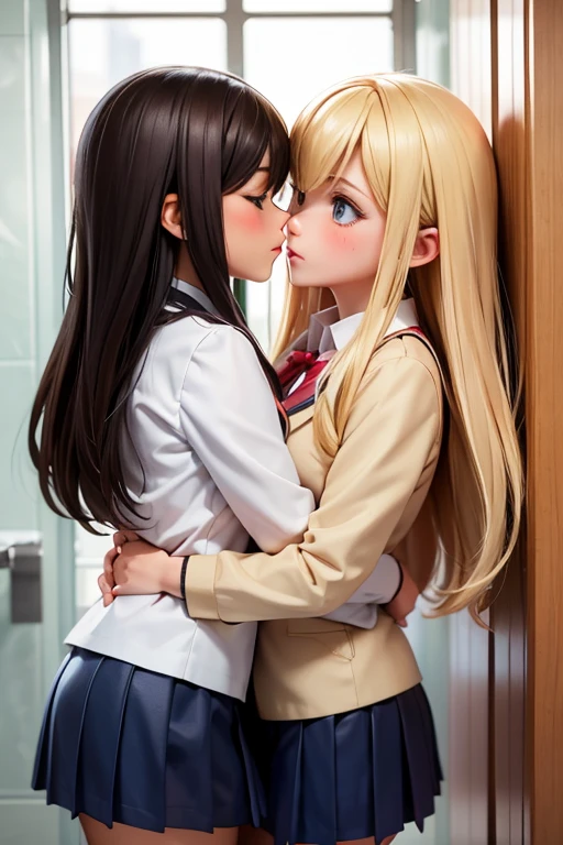 girls wearing school uniform ,A blonde girl and a brunette girl, kissing inside the school's girls' bathroom, hugging