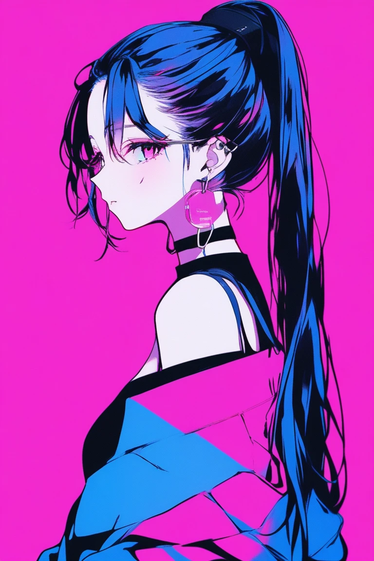 ((masterpiece,Highest quality)), 8k, anime , Realistic ,sketch, anime風のポートレート, 黒猫を連れたanimeの女性, 20-year-old, Blue and pink gradient background, Off-the-shoulder knit, Neon long ponytail hair, lip, Wear headphones, Texture Trim, Canadian, Upper Body, (masterpiece,Highest quality)