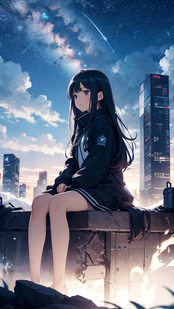 octans, sky, star (sky), scenery, starry sky, night, 1girl, night sky, solo, outdoors, building, cloud, milky way, sitting, tree, long hair, city, silhouette, cityscape Shooting Star White mist around the girl