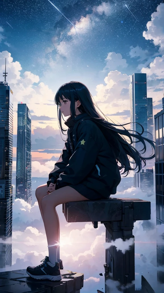octans, sky, star (sky), scenery, starry sky, night, 1girl, night sky, solo, outdoors, building, cloud, milky way, sitting, tree, long hair, city, silhouette, cityscape Shooting Star White mist around the girl