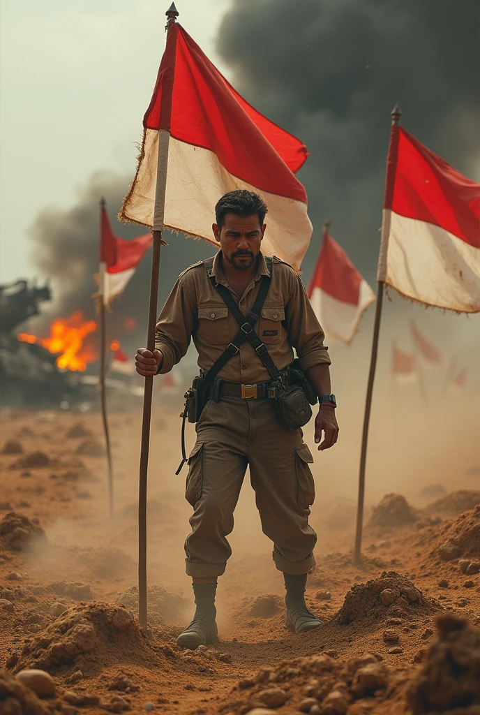 (photorealism:1.2), 1man, the patriot stabing the indonesian flags in to the grounds, dust and rocks, war conflict, flames and destroyed plane in the ground