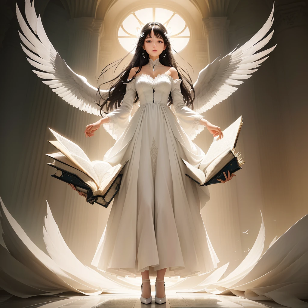 A woman in a white dress stands on books,An image of a bird flying around her, endless, the concept of endless, light of endless, with endless, The album cover, deviantart art station cgscosiety, eternity, endless symbol, inside the picture is endless, endless, cgsociety - w 1 0 2 4 - n 8 - i