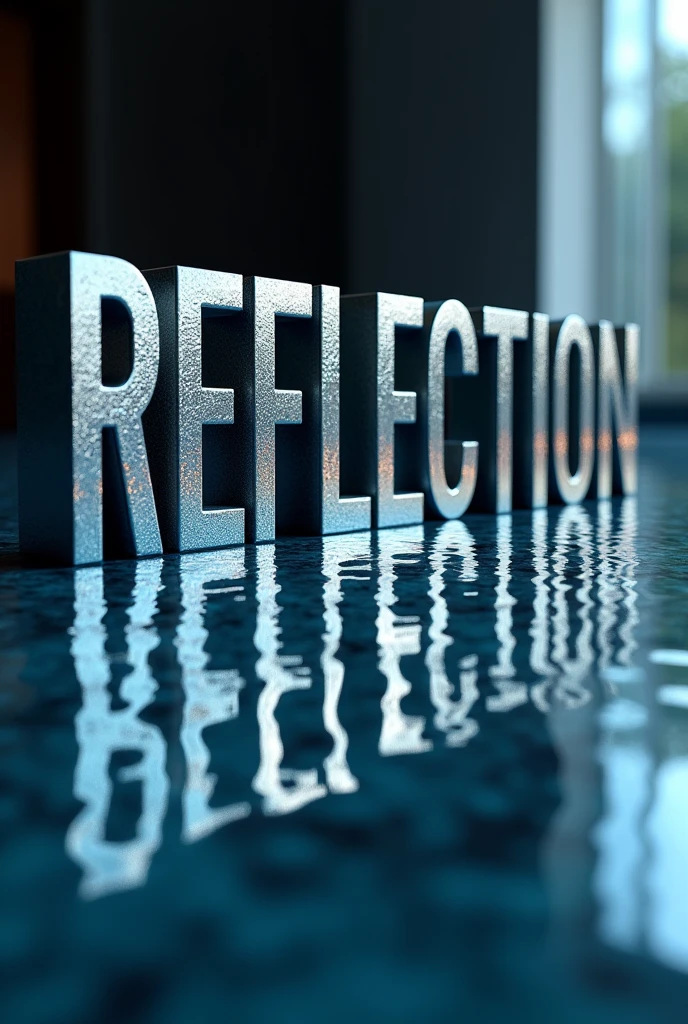 The word REFLECTION reflecting on a surface in a 3 quarter prespective to the right