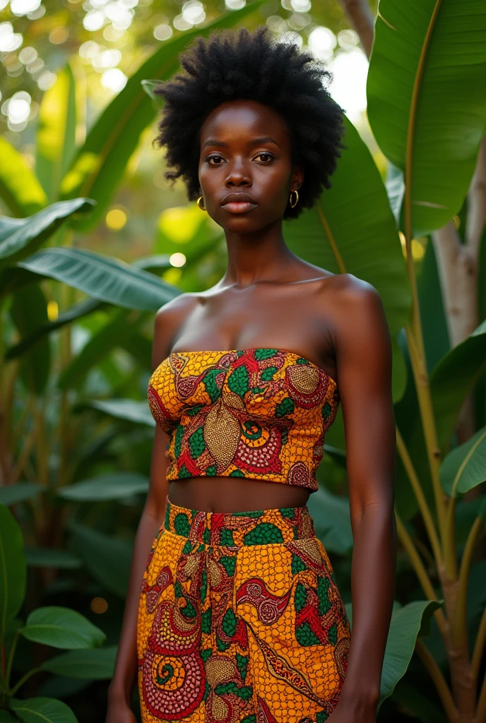 criar foto estilo barroco com fundo divino, de uma mulher africana de 30 anos,com cabelo crespo, olhando de forma sedutora para a esquerda, with half-open lips, covered with an African sheet up to the waist, holding a bunch of grapes in each hand