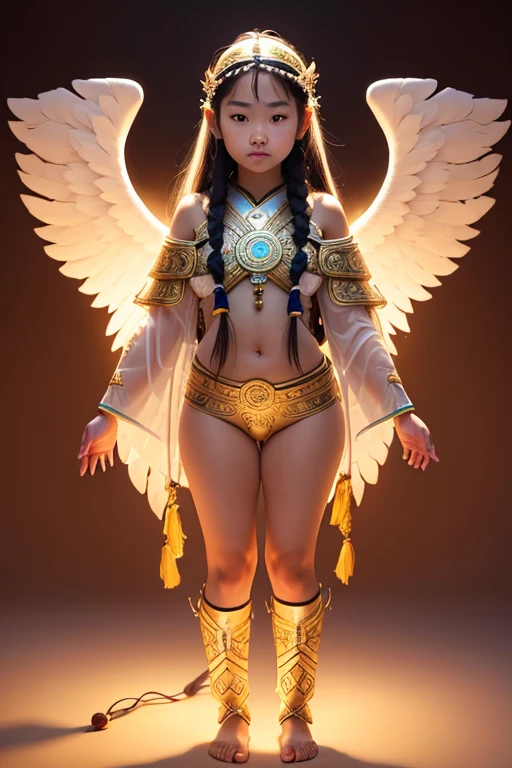 A young 15- yr old native asian girl with lovely charminvg face,( skin texture masterpiece), (perfect full body detailed anatomy), (Super accessories detailed), (meditating ), (perfect detailed glowing bright eyes),(short braided illuminating jade hair)，Wearing transparent costume of an angel，holding a treasure septer & shield, illuminating different lights covers the sorrounding atmosphere Has beautiful large white wings, The character solemnly praying 