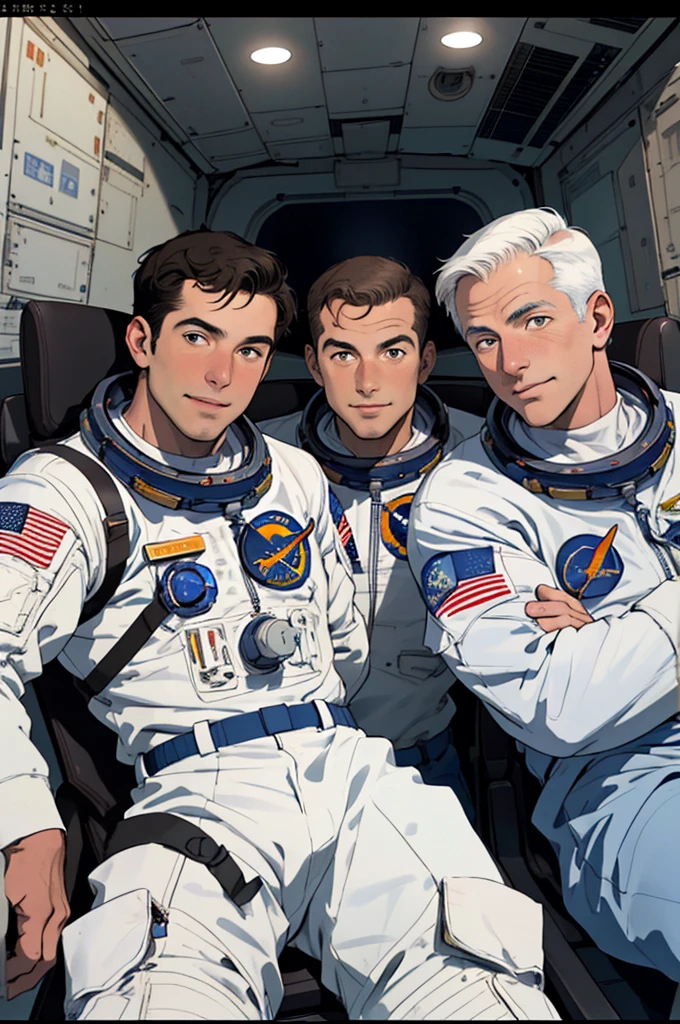 Close-up of the faces of the three astronauts in the spacecraft - Walter Schirra, Donn Eisele, e Walter Cunningham. They are strapped into their seats, focused on the controls. high resolution,