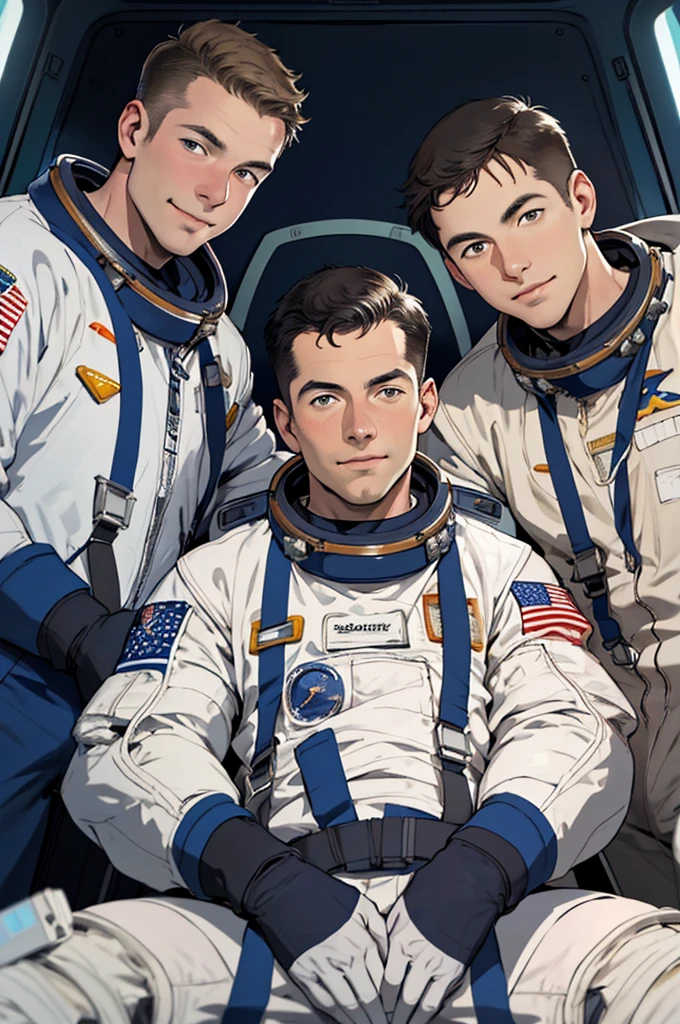 Close-up of the faces of the three astronauts in the spacecraft - Walter Schirra, Donn Eisele, e Walter Cunningham. They are strapped into their seats, focused on the controls. high resolution,