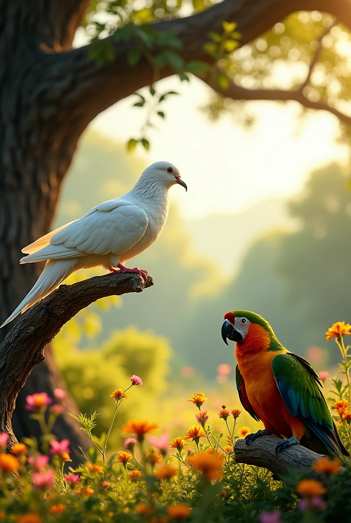 In a peaceful forest with a bright, clear sky, a dove and a parrot are perched on two different branches of a large tree. The dove is white with soft feathers, and the parrot is vibrant with multicolored feathers. The forest is lush with greenery, colorful flowers, and other birds chirping around. The atmosphere is calm and serene, with sunlight filtering through the leaves."
